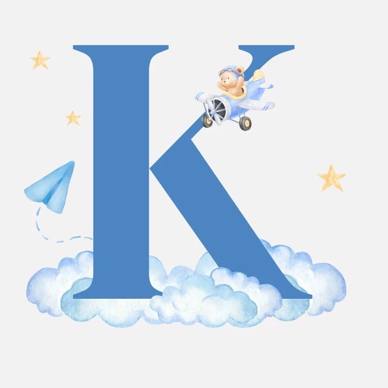 Letter k blue clouds airplane child