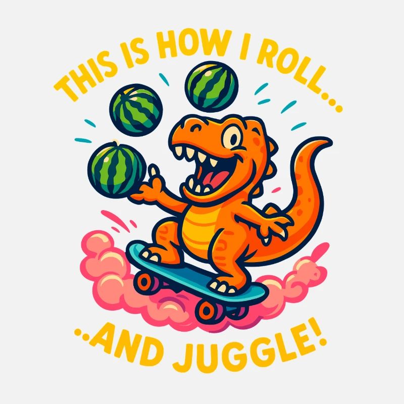 Skateboarding Dinosaurier jongliert mit Wassermelonen