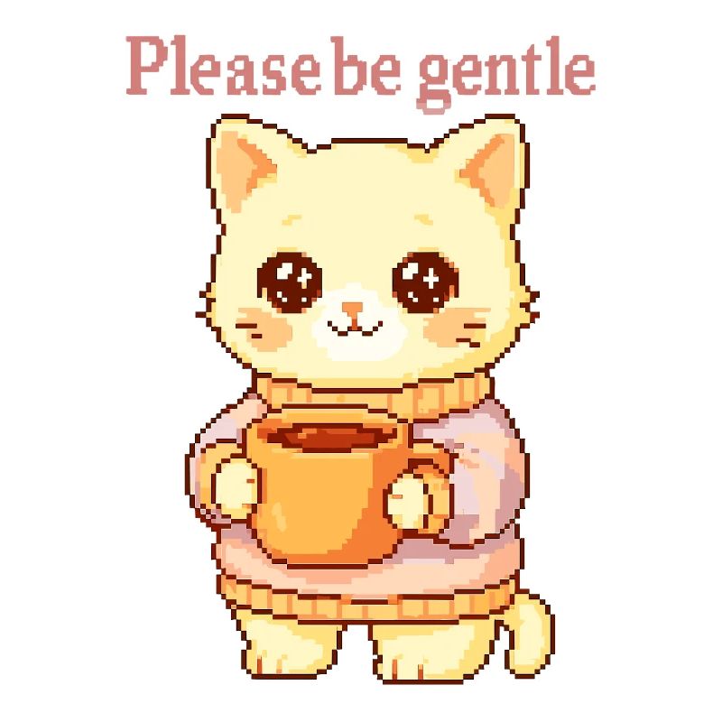 Bitte sei sanft – Pixel Katze mit Tee & Kuschelpul