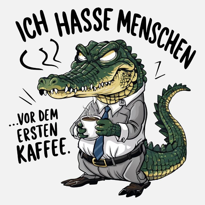 Erst Kaffee grantiges Krokodil mit Kaffeetasse