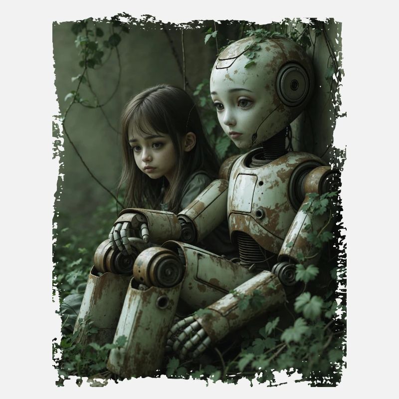 Ein junges Mädchen sitzt neben einem verlassenen Roboter