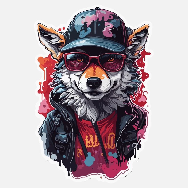 Wolf Cool Cool with Cap and Glasses Colorful