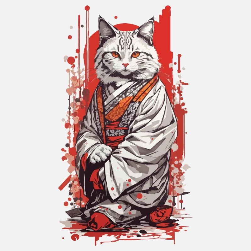Japanese Kimono Cat Ukiyo-E Style