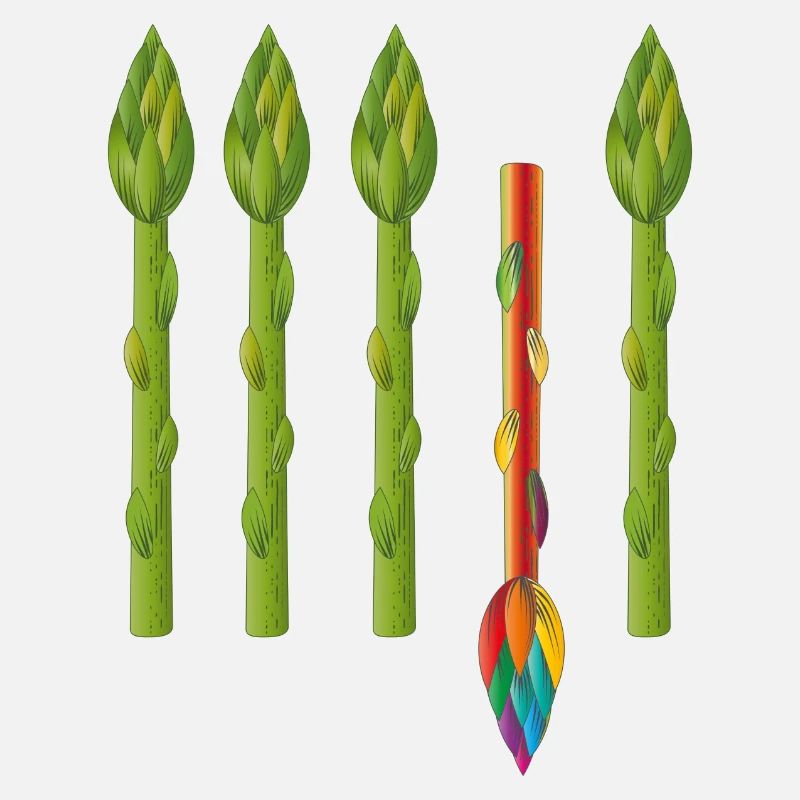 Vier grüne Spargel und ein bunter Spargel
