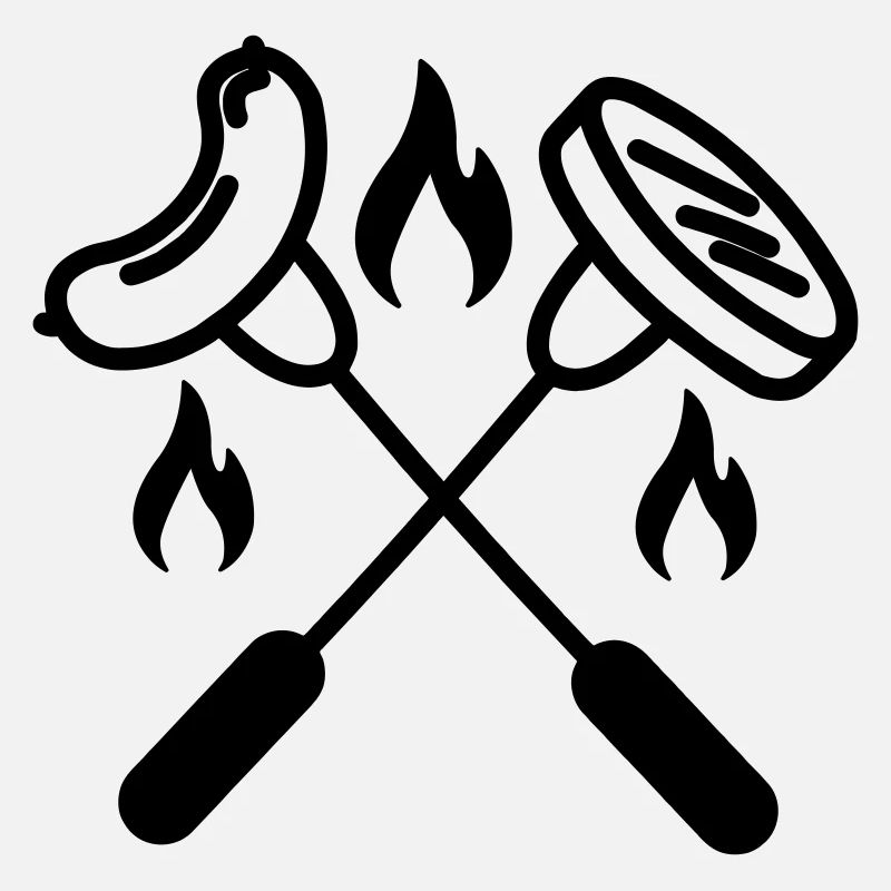 Two crossed forks with sausage and hamburger