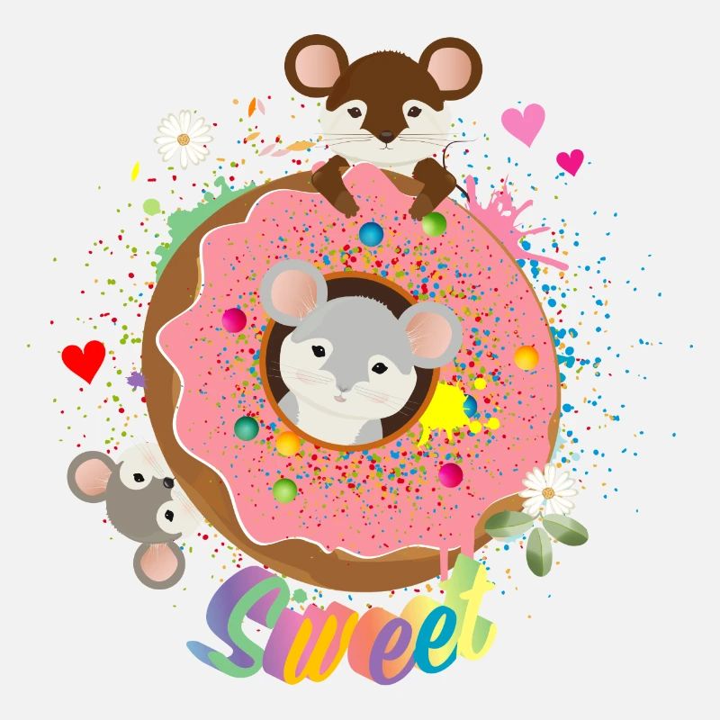 drei putzige Mäuse und ein Donut mit rosa Glasur