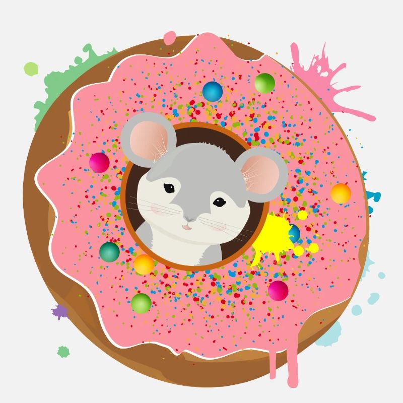 graue Maus sitzt im Donut mit rosa Glasur