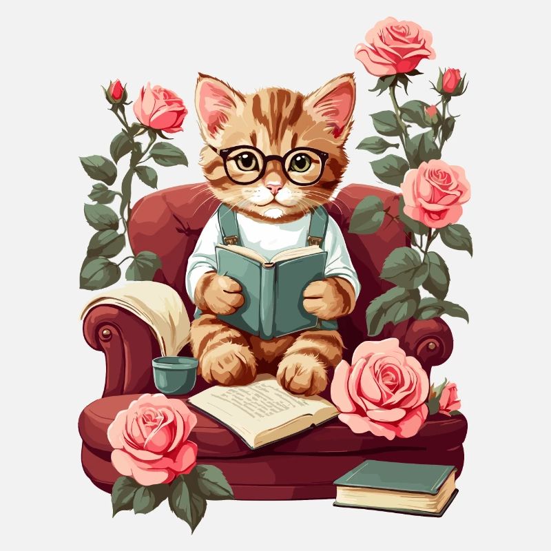 Cute Clever Cat with Reading Glasses