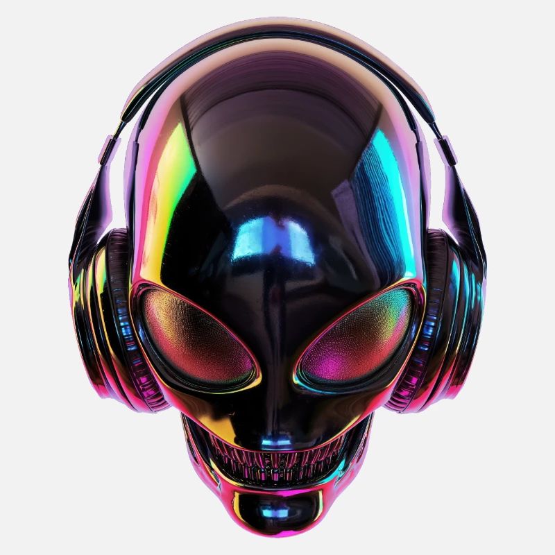 Schwarzer Alien-Kopf mit Kopfhörern