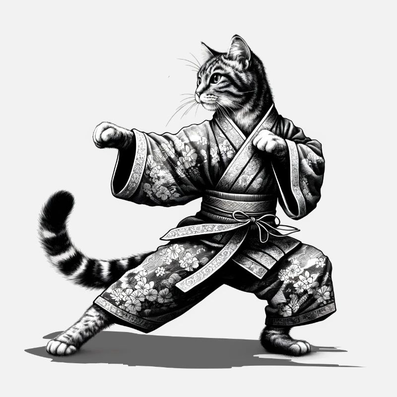Chat avec kimono en position de combat de kung-fu
