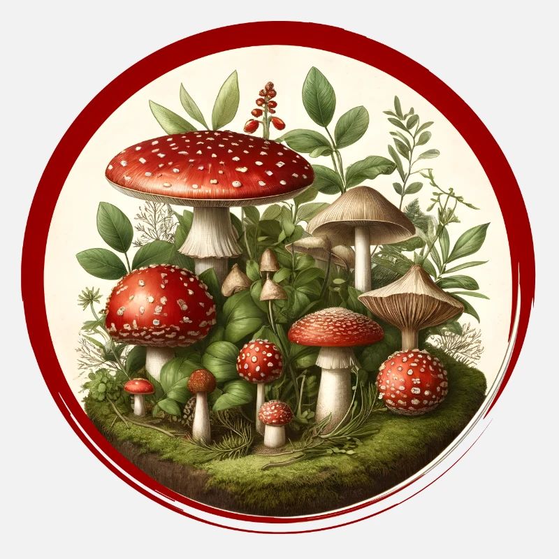 Detailed red toadstools on forest floor