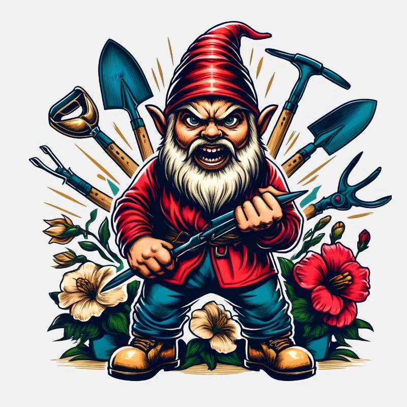 Bunter,grimmiger Gartenzwerg mit Blumen & Werkzeug