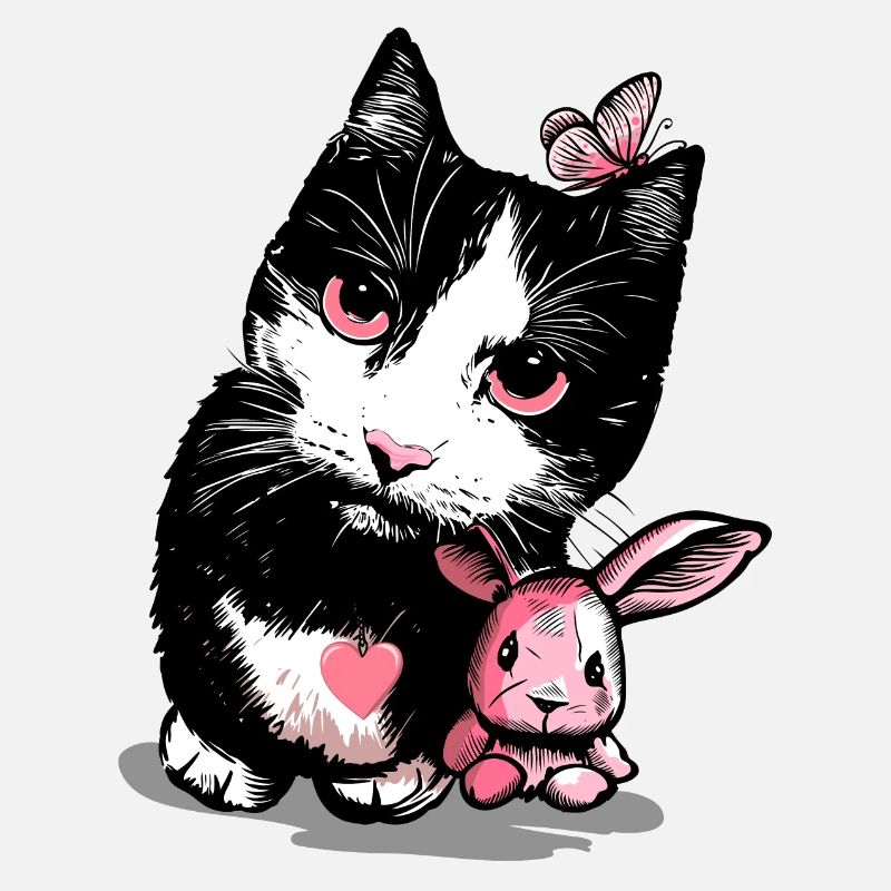 Chat avec lapin en peluche et papillon