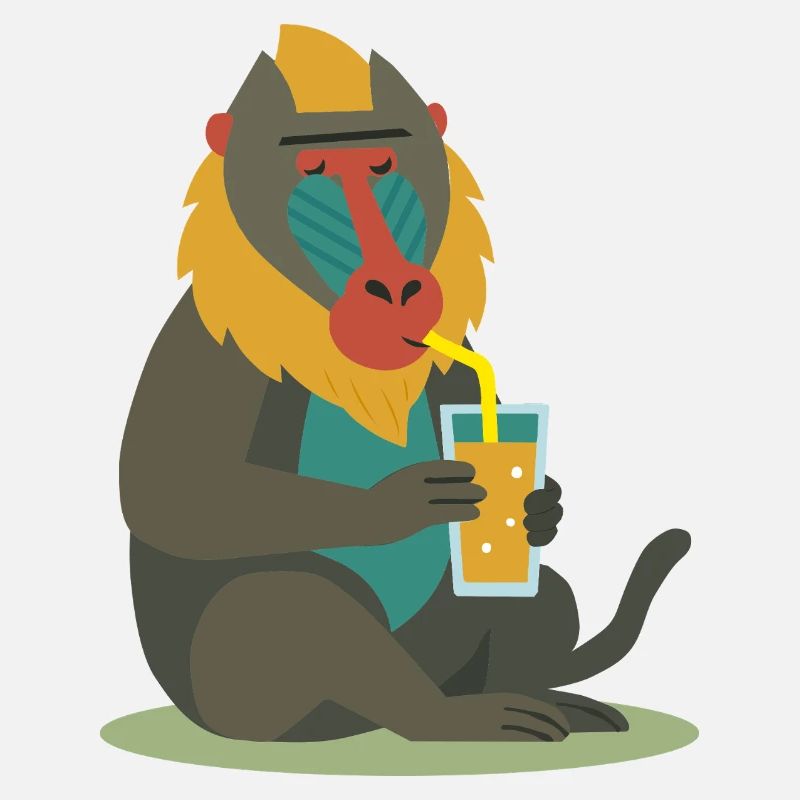 bunter Mandrill genießt entspannt ein Glas Saft