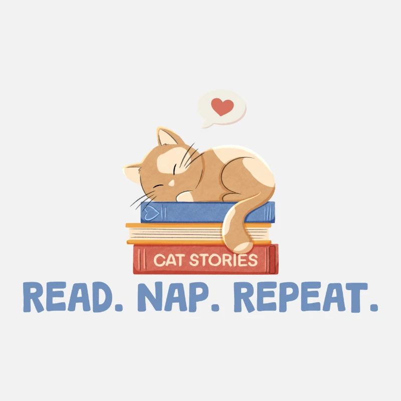 Katze auf Büchern mit Spruch Read. Nap. Repeat.