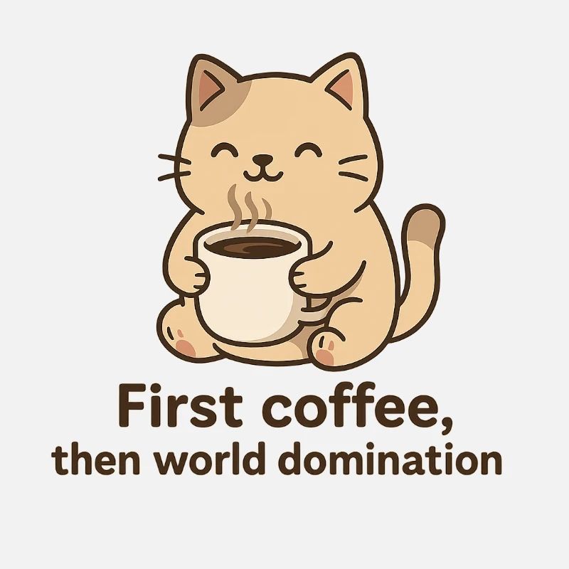 Cat with Coffee Cup and Phrase