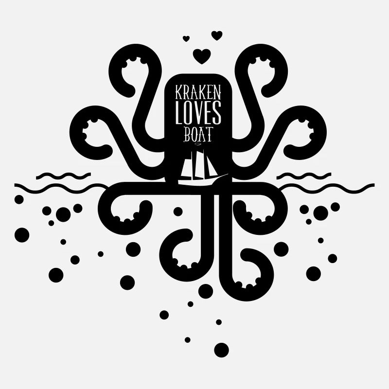 Cartoon Octopus with Hearts Embracing a Boat Illus