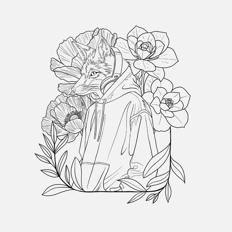 Fox Lineart with Flowers