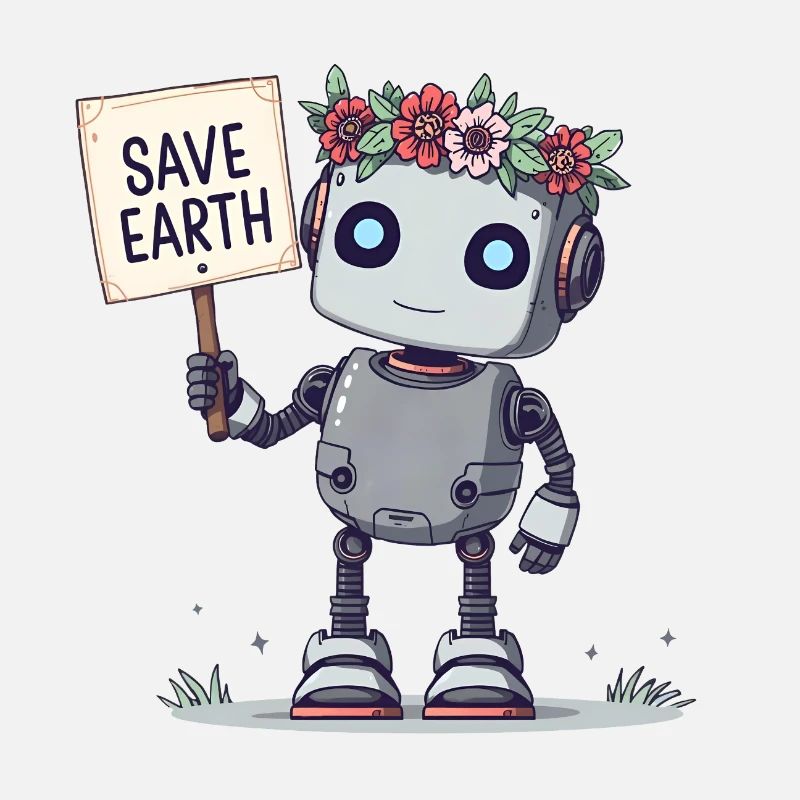 Robot mignon avec couronne de fleurs – Save Earth