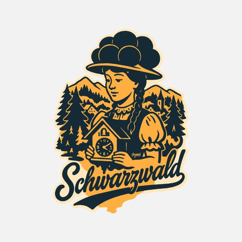 Schwarzwald Mädchen mit  Bollenhut und Kuckucksuhr