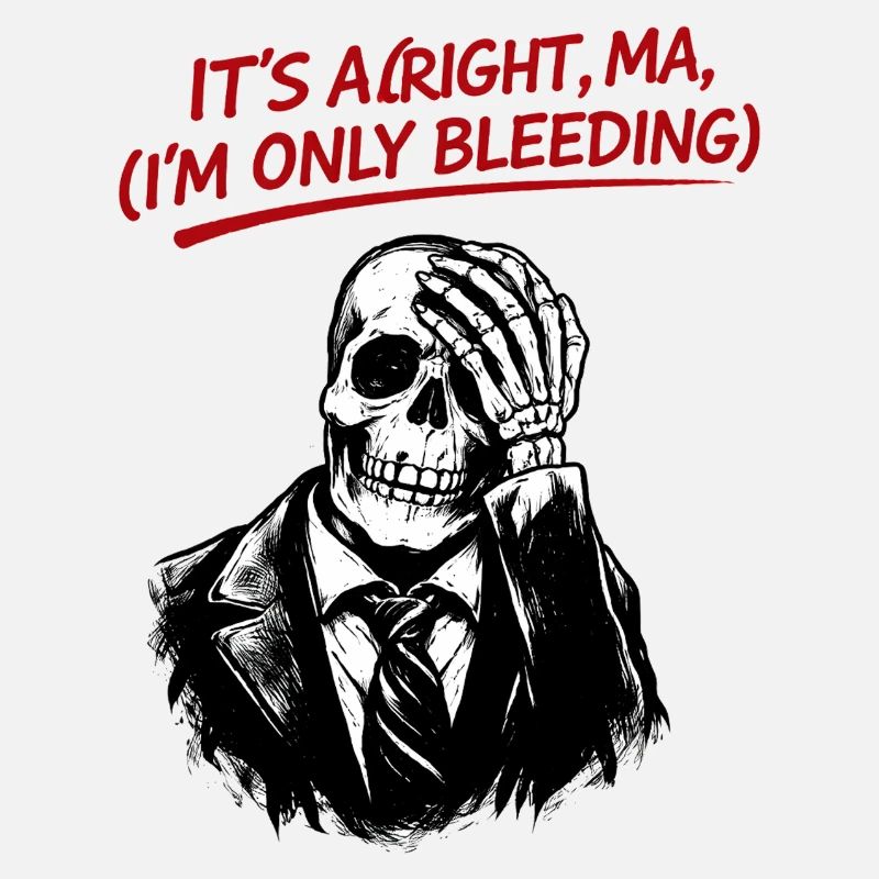Skeleton in suit with red text