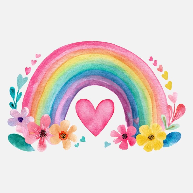 Regenbogen mit Herz & Blumen – Aquarell Liebe