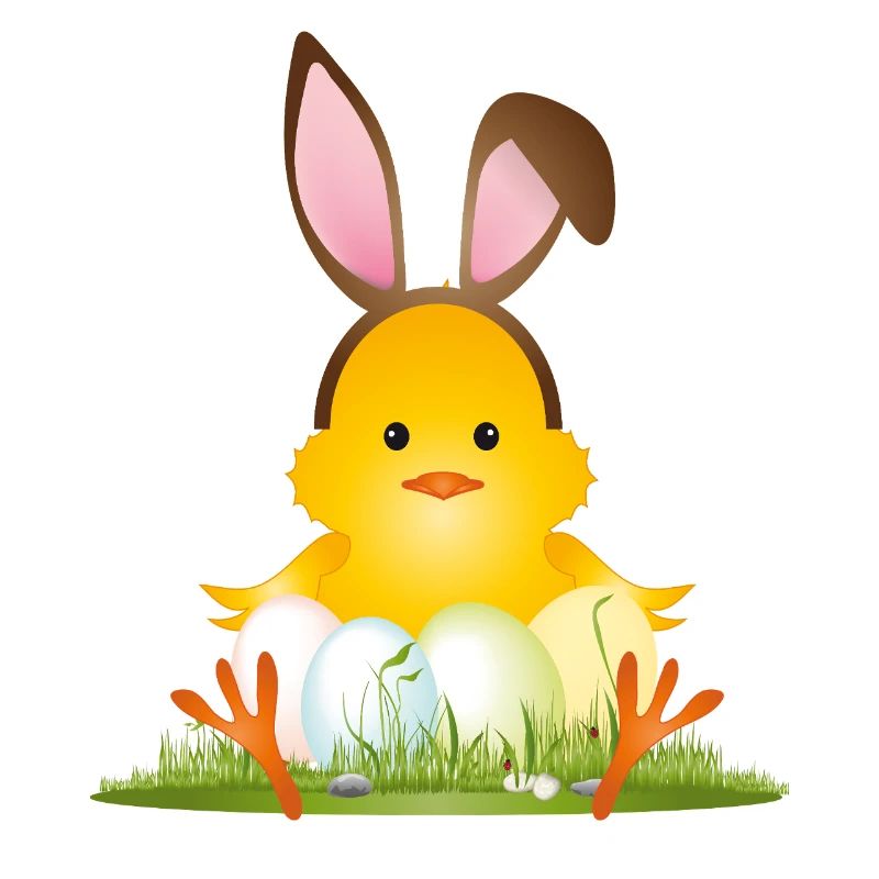 Cute Easter chick with bunny ears & Easter eggs