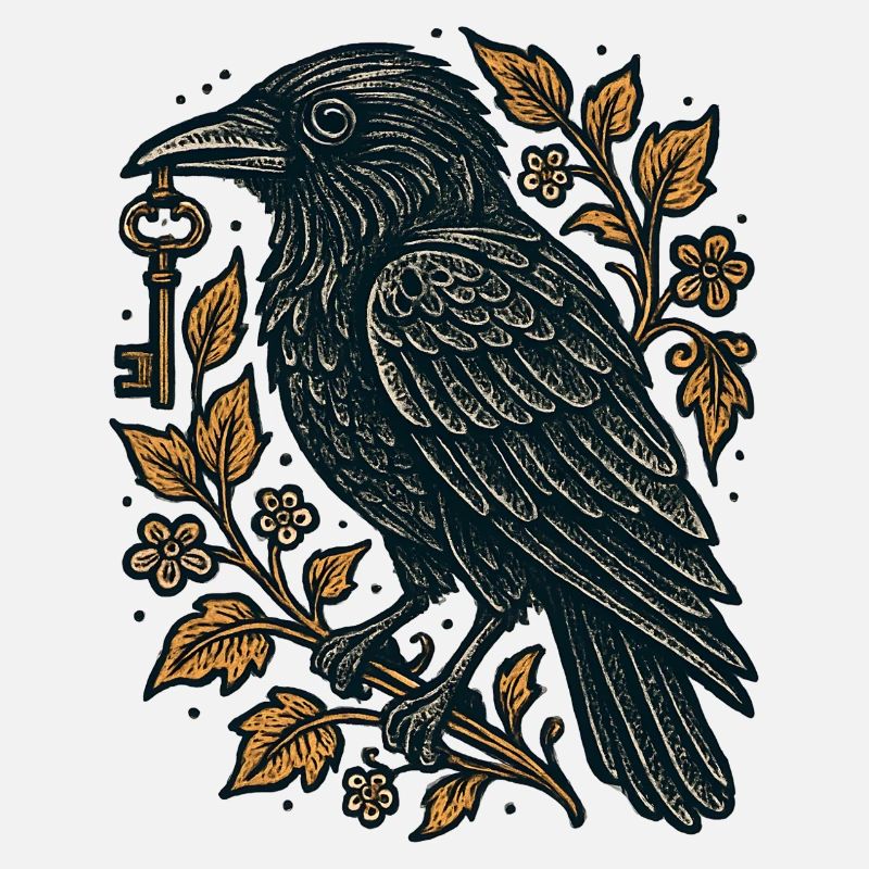 Corbeau avec Clé et Feuillage