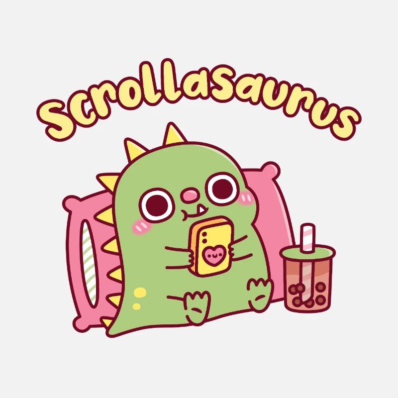 Niedlicher Scrollasaurus-Dinosaurier scrollt auf dem Handy