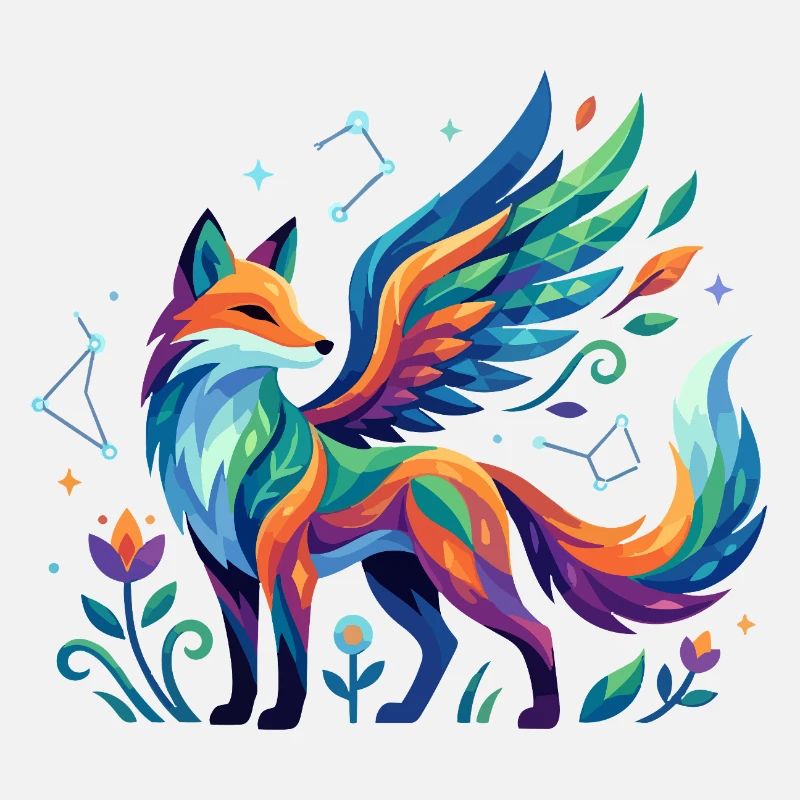 Colorful fantasy fox with wings cosmic pattern