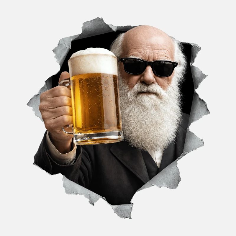Charles Darwin holds a beer