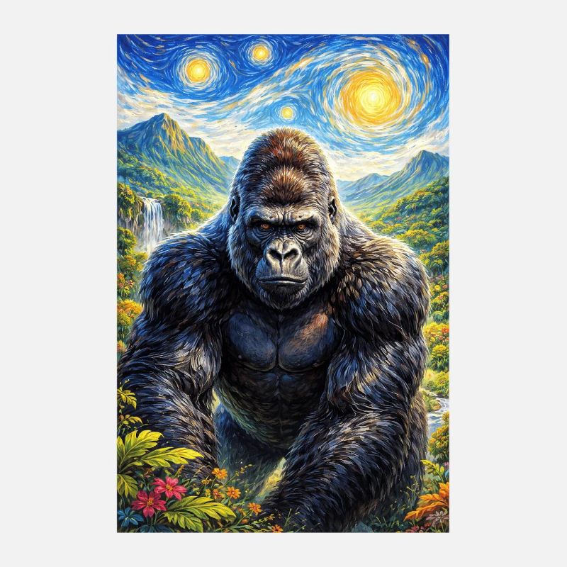 Gorilla in the Starry Night Jungle
