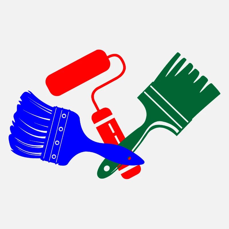 Paint brushes and paint roller in blue red green logo
