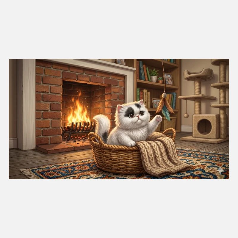 Cozy cat in basket by fireplace