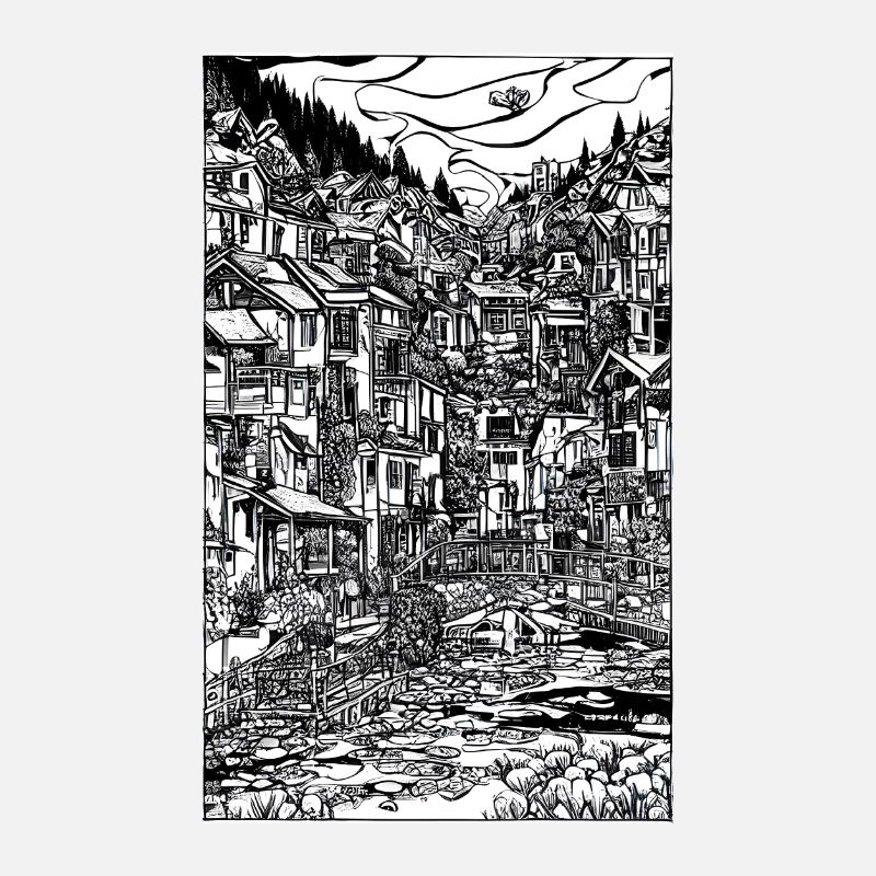 Scène complexe de village à l’encre