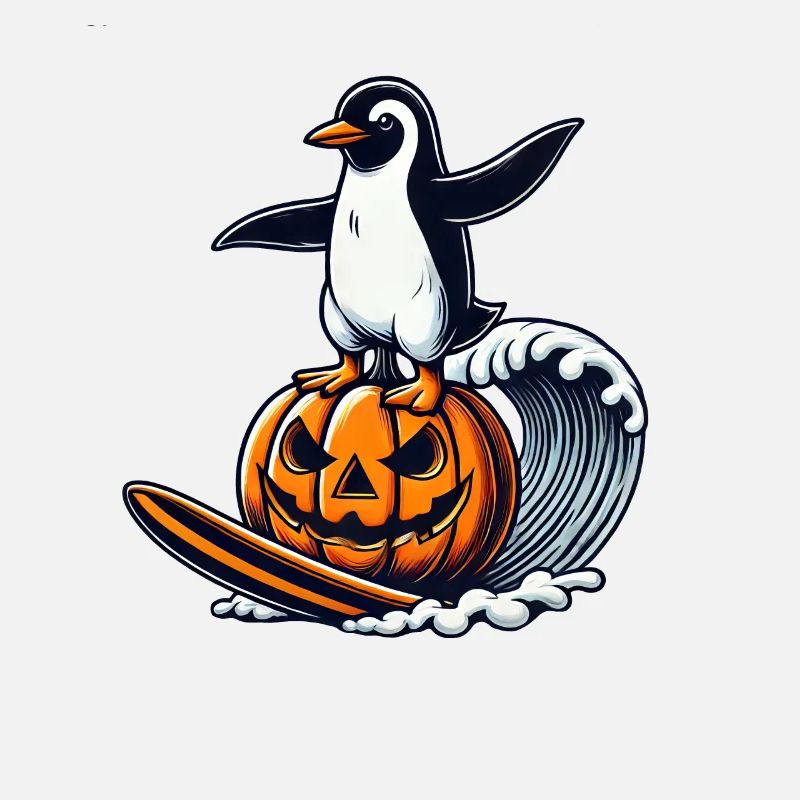 Halloween Penguin Pumpkin Surfer Surfboard