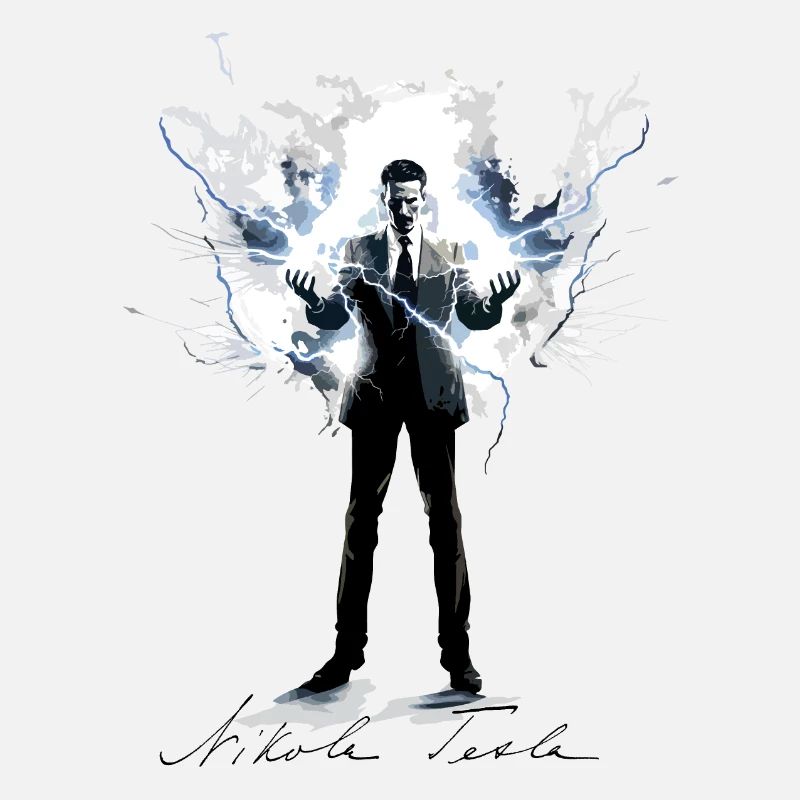 Nikola Tesla inmitten von Blitzen
