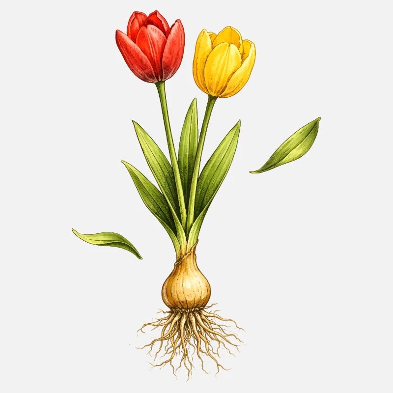 Two tulips with visible bulb and roots