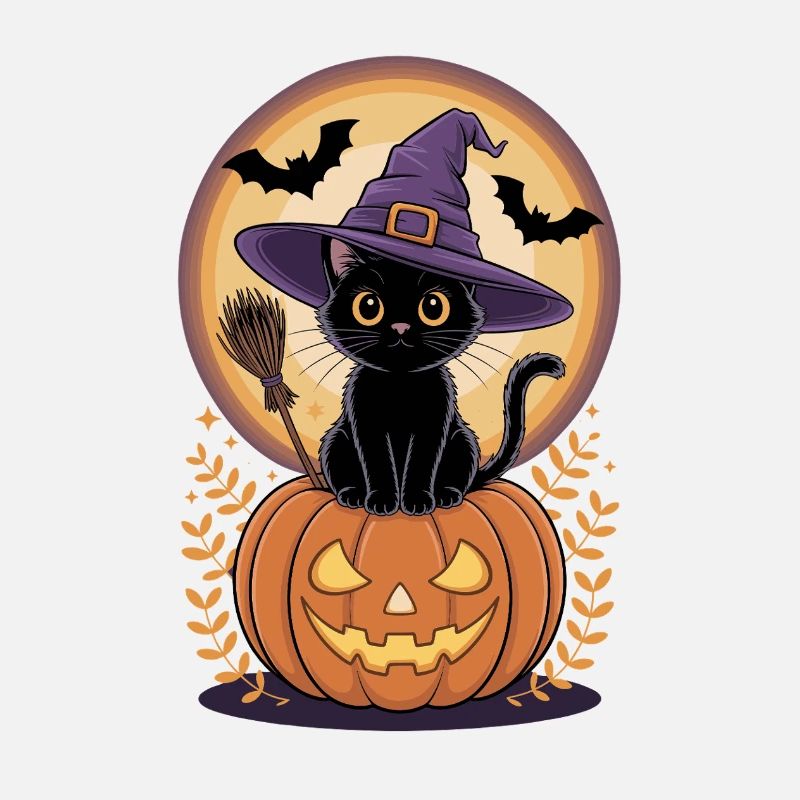 Witch cat with pumpkin view
