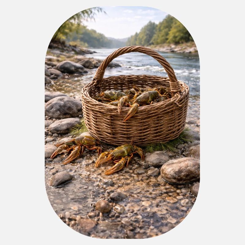 Panier plein de crabes sur la rive de la rivière Severskii Donets