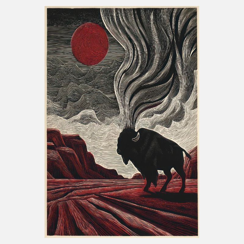 Bison Under Crimson Sun in Etched Landscape