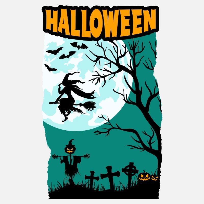 Halloween with witch full moon pumpkins and cemetery