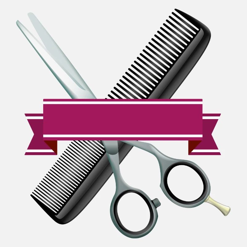 Friseurschere mit Kamm und lila Band