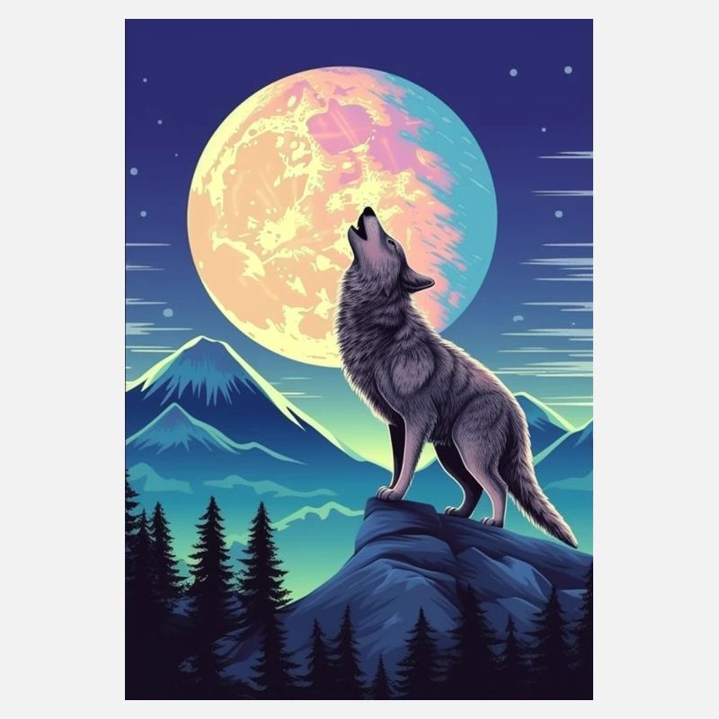 Wald mit Vollmond und heulendem Wolf