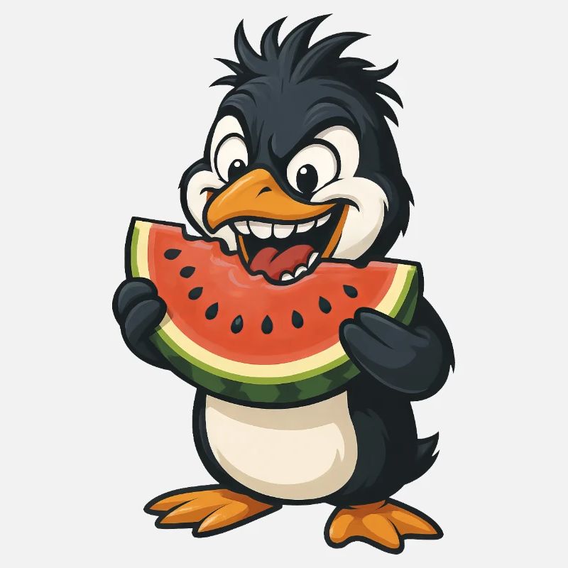 Funny Penguin with Melon Summer Fruit Cartoon