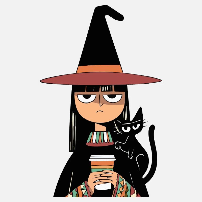 Grumpy Witch with Coffee and Black Cat – Halloween