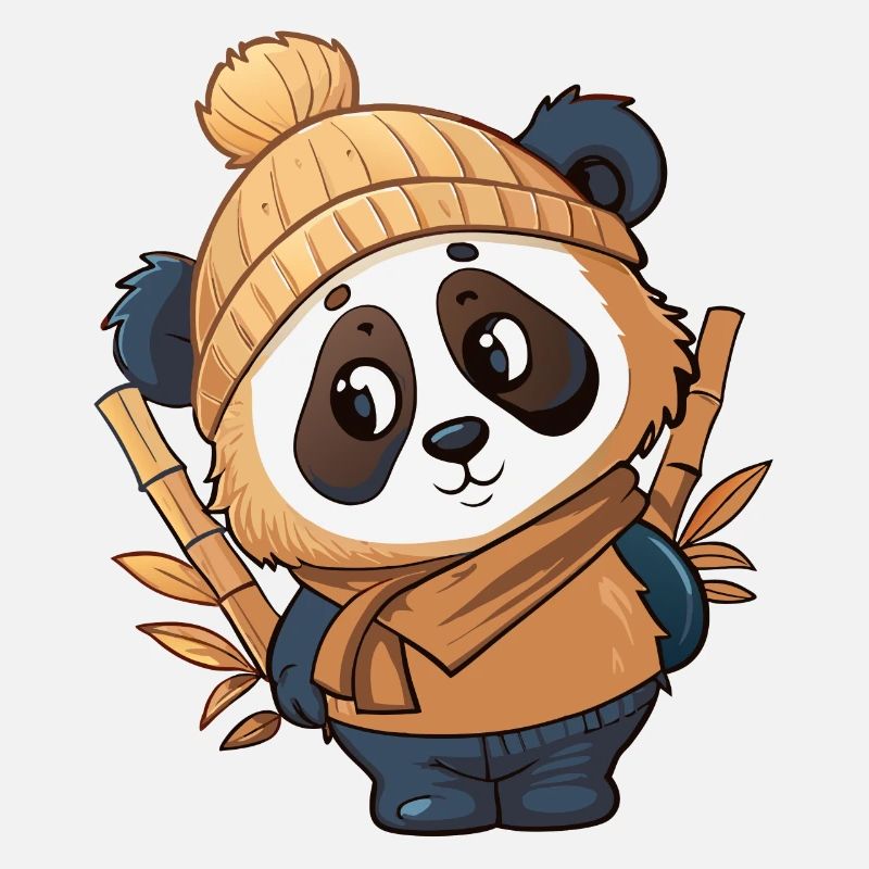 Panda mignon avec écharpe et chapeau à pompon.