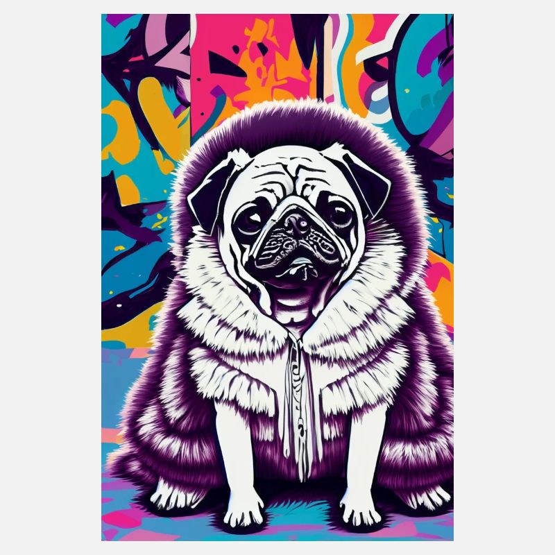Mops im Pelzmantel vor Graffiti-Wall | Pop-Art