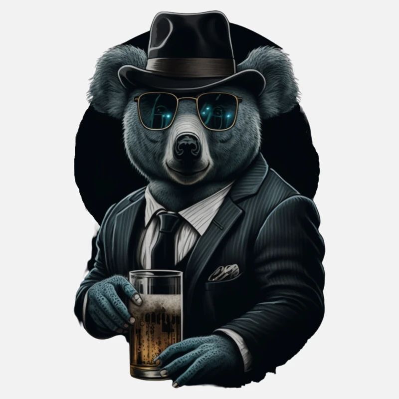 Cooler Koala mit Sonnenbrille und Bier im Anzug