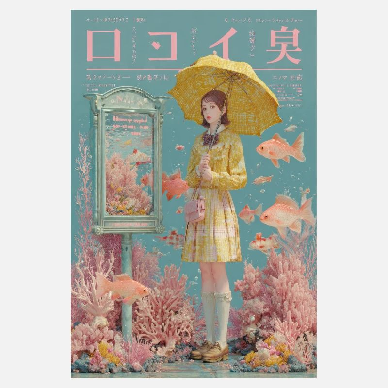 Fille avec parapluie dans un océan surréaliste